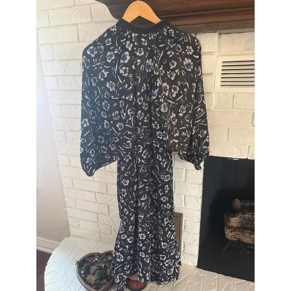 Tory Burch Puff Sleeve Tunic Floral Asymmetrical Hem Dress Blue Black XS